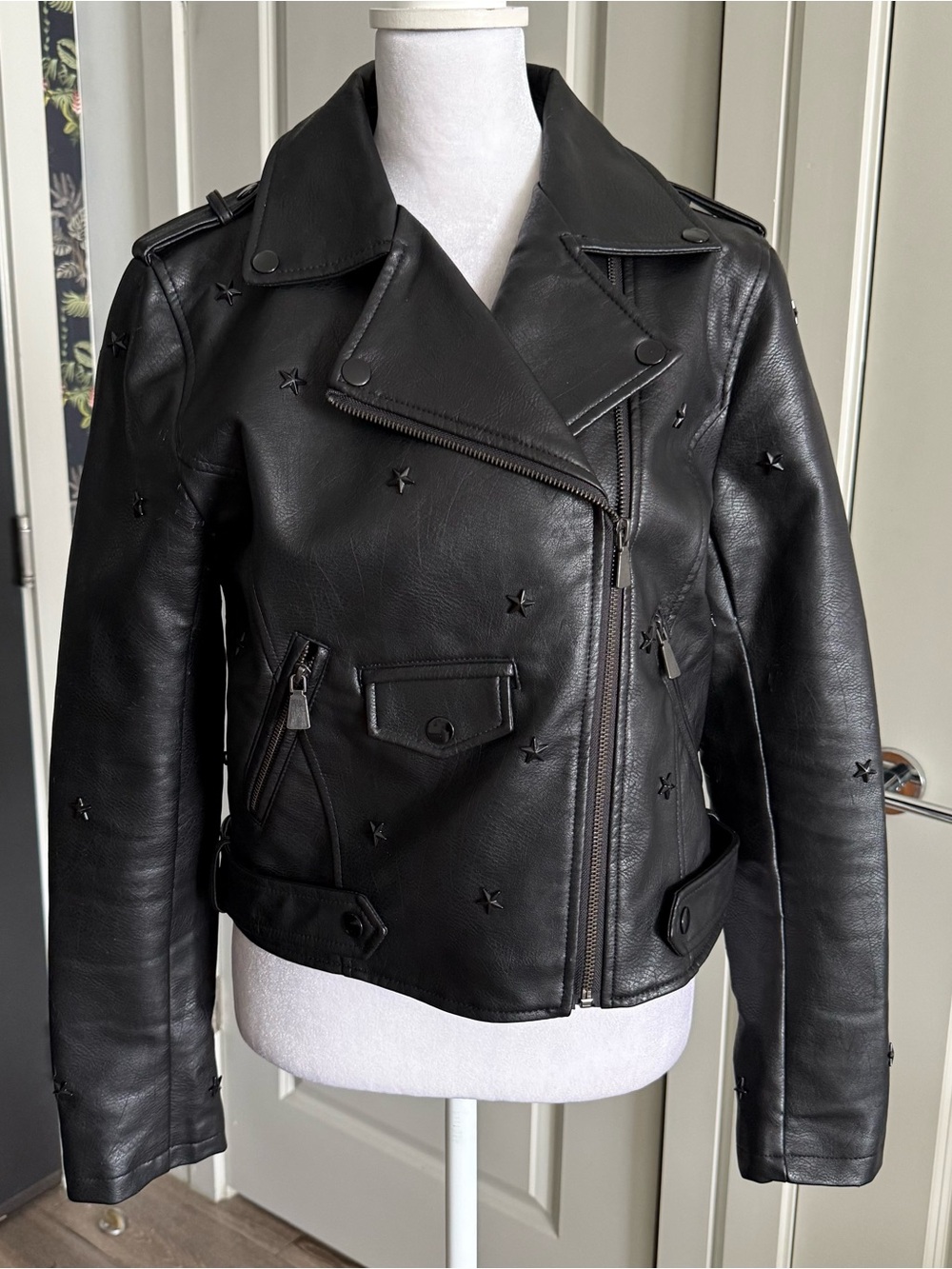 Catherine Malandrino Black Faux Leather Moto Jacket with Star Beading Size S